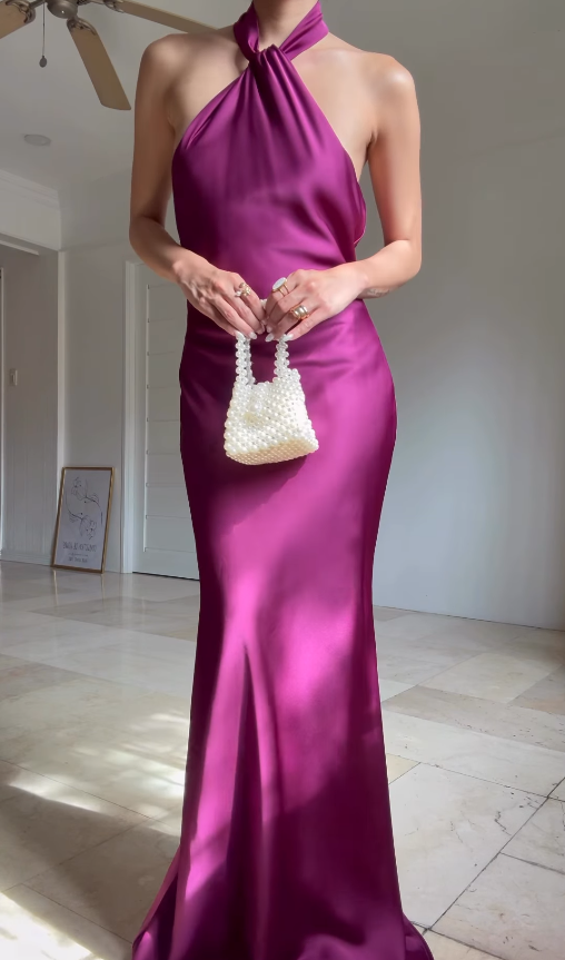 Simple Sheath Halter Navy Blue Satin Open Back Graduation Prom Dress DP4875