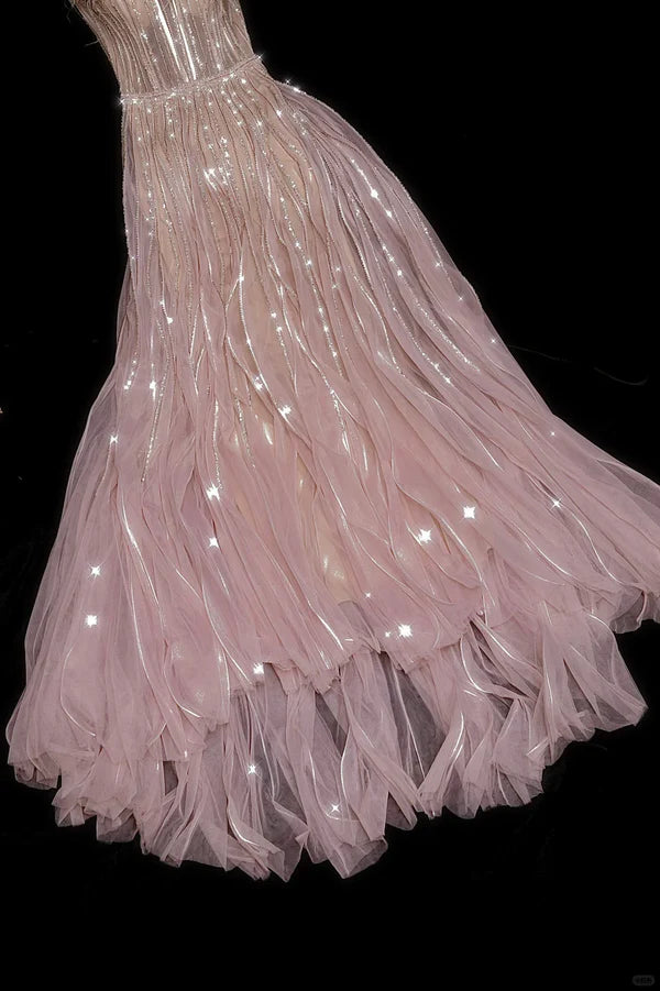Pink A Line Strapless Sequin Feather Tulle Long Prom Dress Evening Dress DP2062