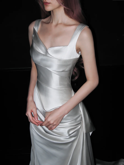 Classy White A Line Straps Satin Simple Pleated Long Wedding Dress DP4409