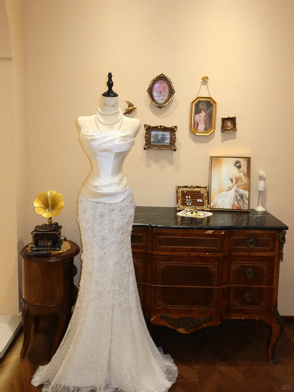 Beautiful Mermaid Strapless Beaded Lace Satin Long Prom Dress Wedding Dress DP6998