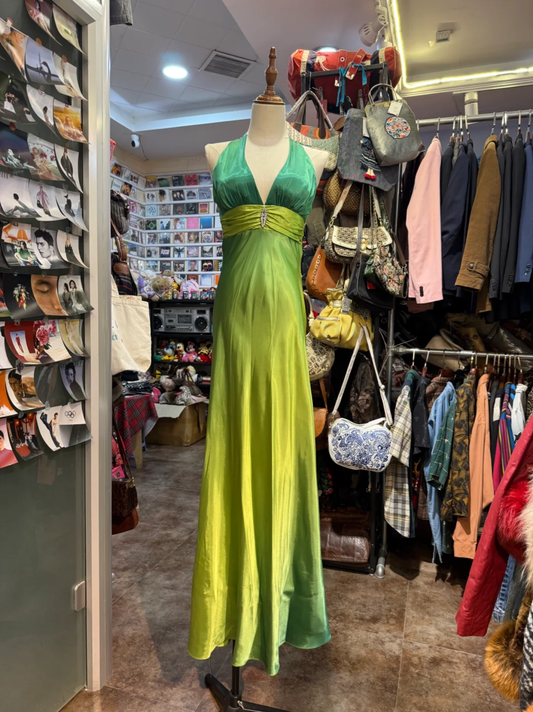 Vintage Green Ombre A Line Halter Satin Prom Dress Evening Dress DP3700