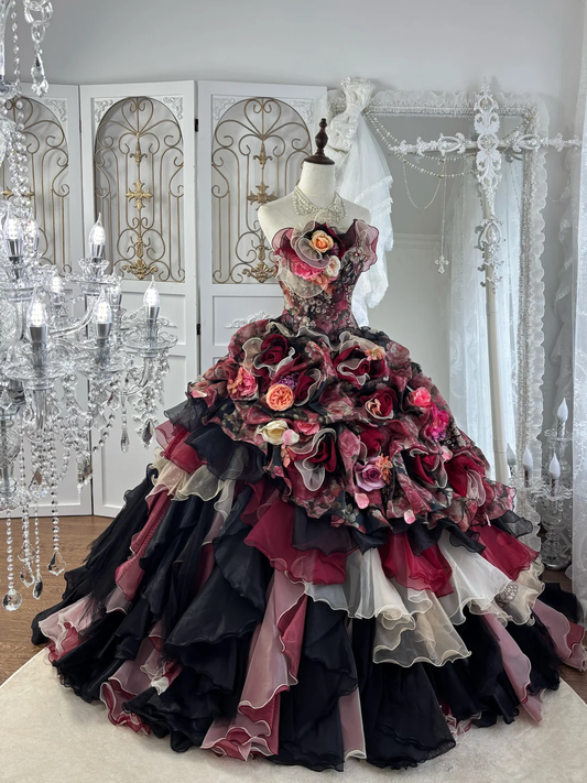 Vintage Black-Red Ball Gown Strapless 3D Floral Layered Organza Prom Dress Sweet 16 Dress DP5665