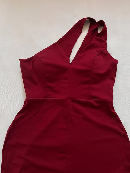 Modern Burgundy Sheath One Shoulder Satin Long Slit Prom Dress Evening Dress DP6514
