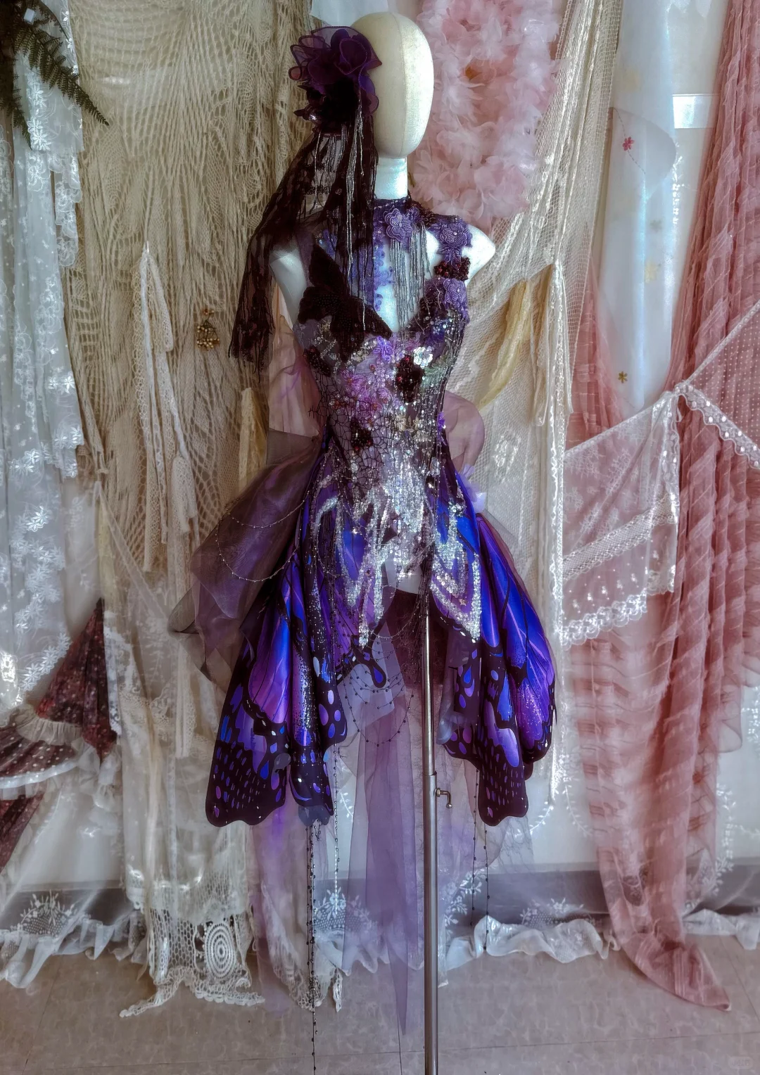 Purple Butterfly Ball Gown V Neck Exquisite Beaded Satin Tulle 16th Birthday Dress Prom Dress DP3813