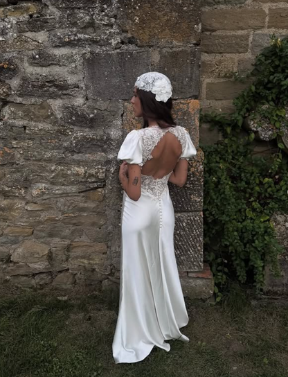 White Cute Mermaid Puff Lace Satin Long Wedding Dress Prom Dress DP4305