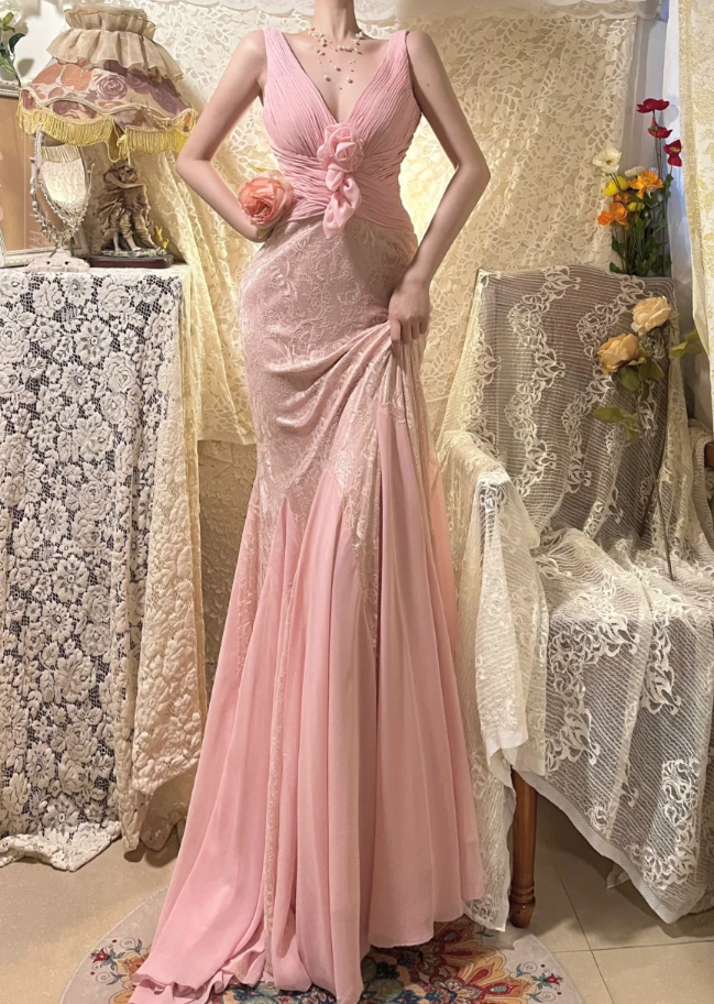 Gentle Mermaid V Neck Light Pink Lace Chiffon Long Prom Dress Wedding Guest Dress DP4274
