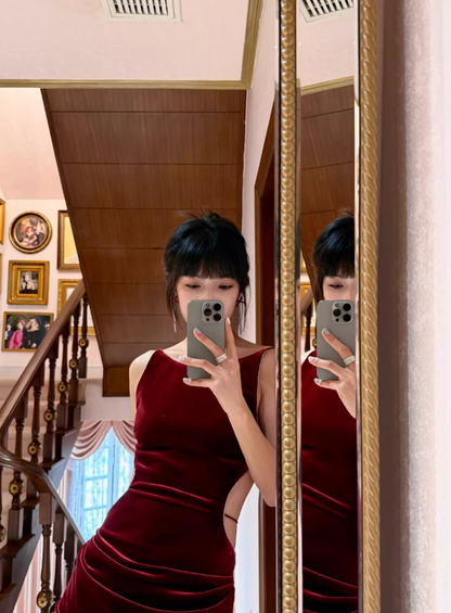 Burgundy Sheath Round Neck Velvet Open Back Prom Dress Date Dress DP4429