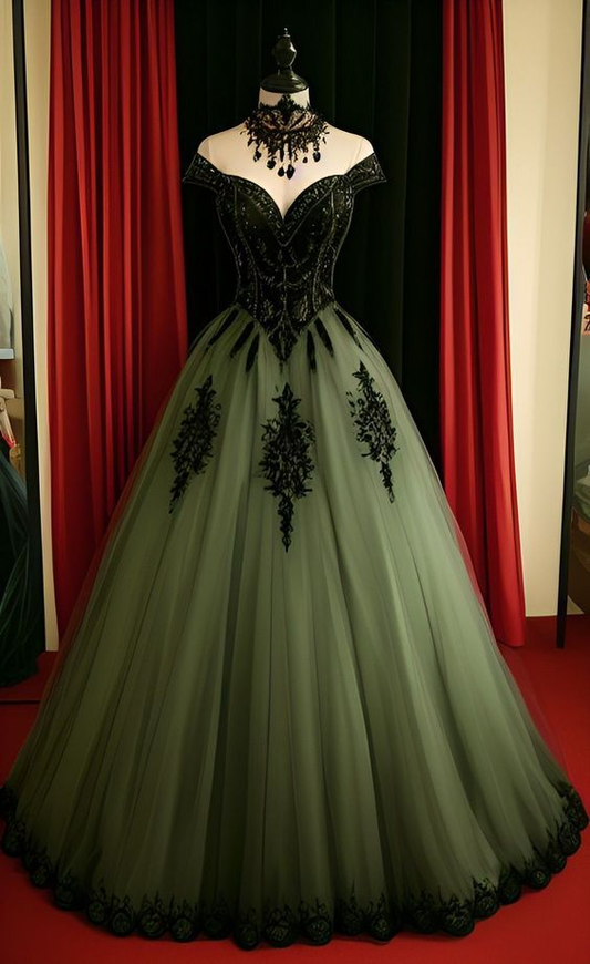 Green A-line Tulle Prom Dress,Chic Off The Shoulder Formal Gown Long Prom Dress DP181