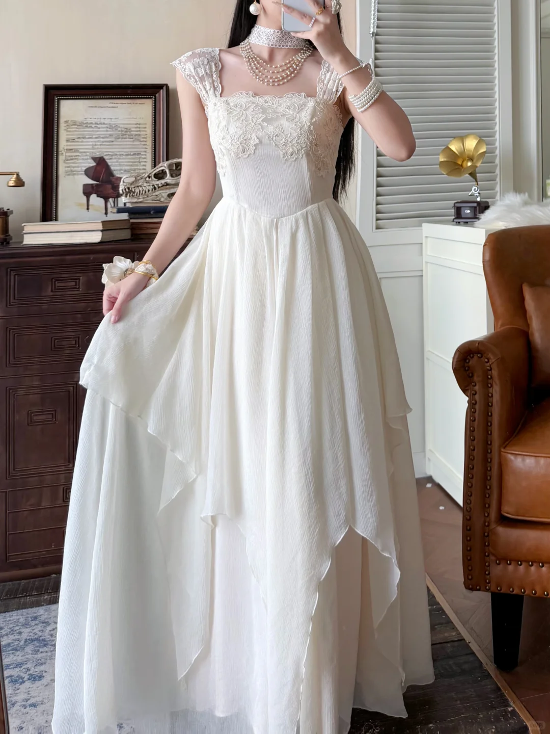 Gentle White A Line Straps Lace Chiffon Prom Dress Evening Dress DP6455