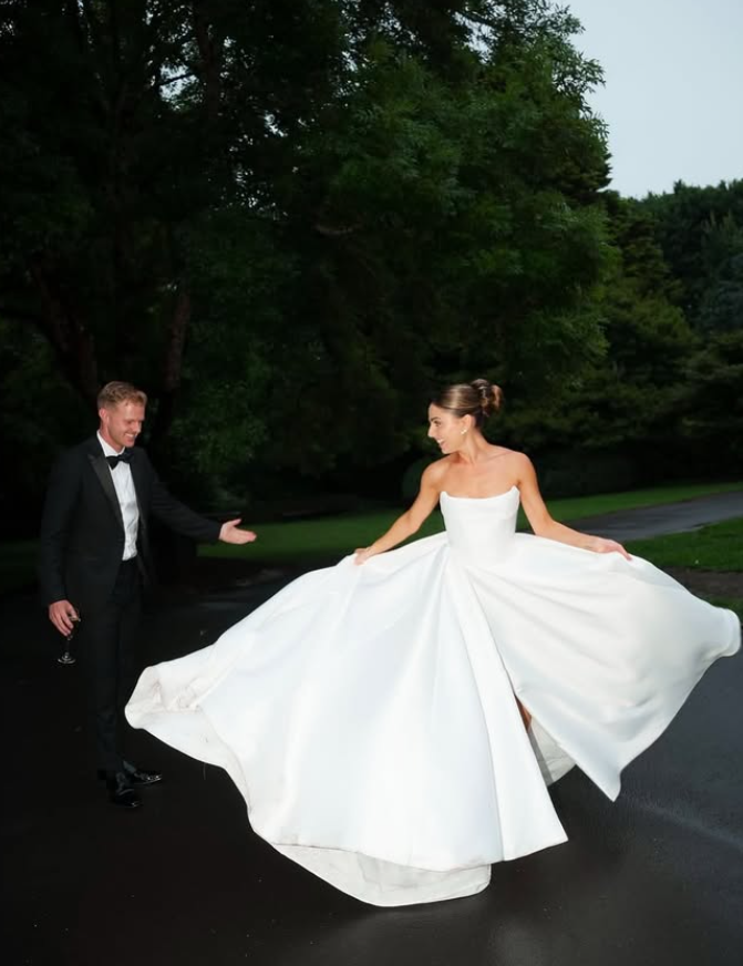 Pretty Ball Gown Strapless White Satin Long Sweep Wedding Dress with Slit DP1649