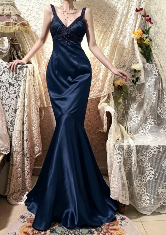 Vintage Red Mermaid Straps Exquisite Beaded Satin Prom Dress DP5178