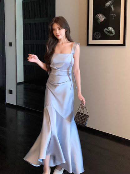 Gentle Blue Mermaid Straps Satin Prom Dress Formal Dress Evening Dress DP3452