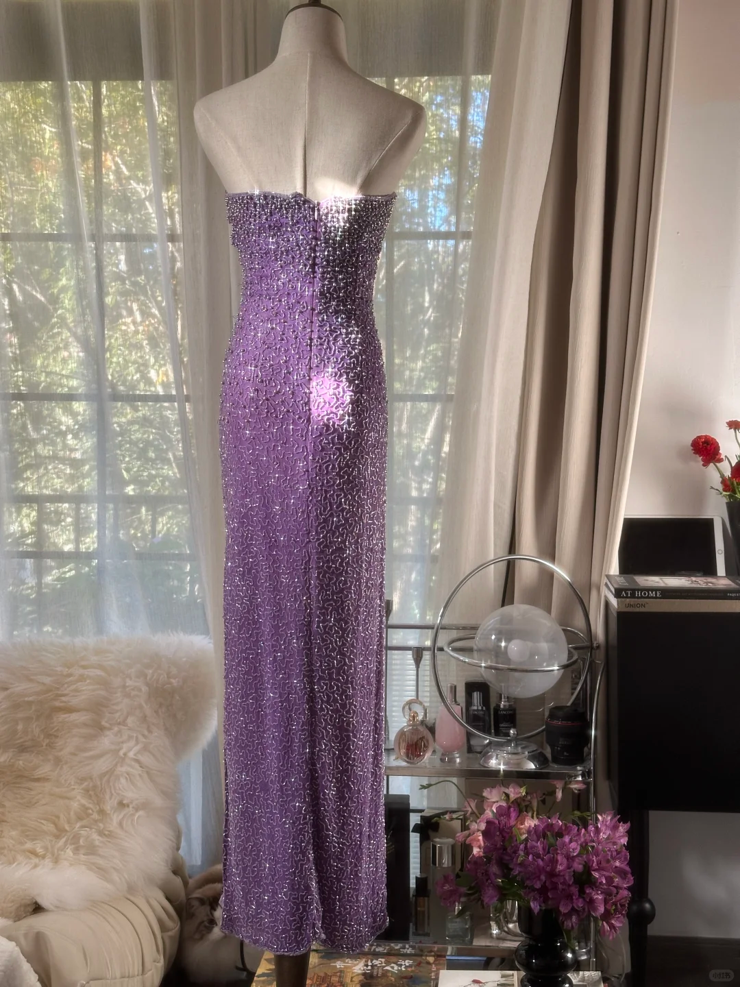 Shiny Sheath Strapless Beaded Purple Chiffon Long Party Dress Evening Dress DP2473