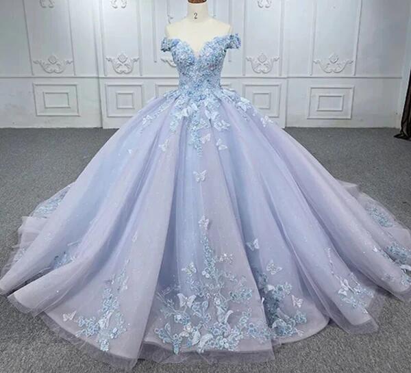 Beautiful 3D Flowers Prom Dress Purple Tulle Butterflies Beaded Quinceañera Dress Sweet Sixteen Pageant Long Party Gown DP188