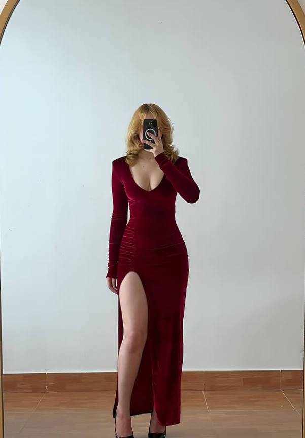 Sexy Sheath Long Sleeve V Neck Velvet Prom Dress Evening Dress with Slit DP6149