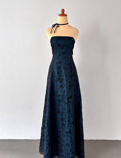 Vintage A Line Strapless Appliques Black Blue Tulle Prom Dress Graduation Prom Dress DP2257