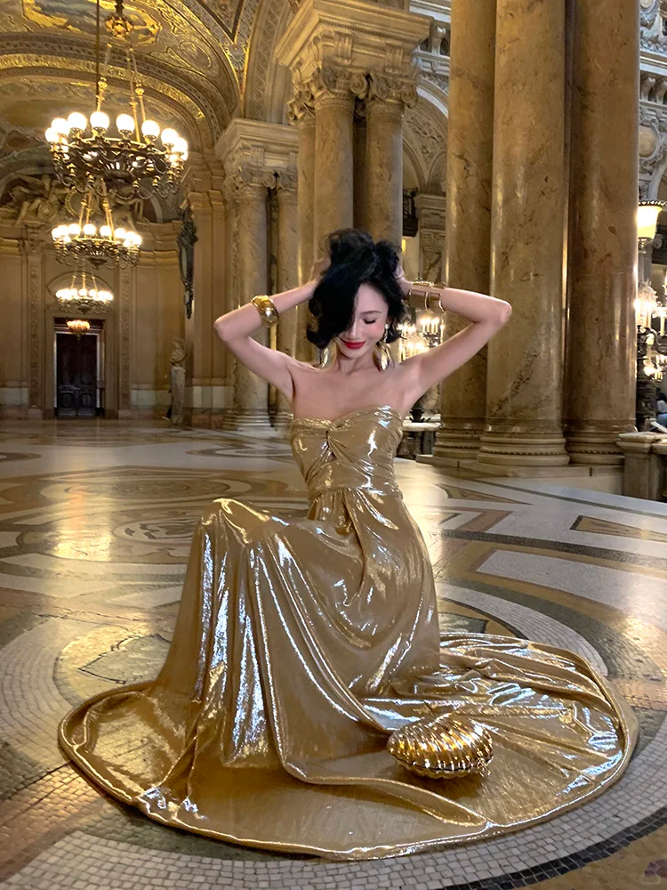 Shiny Golden A Line Sweetheart Neck Satin Long Prom Dress Evening Dress DP3850