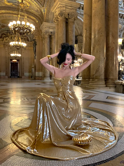 Shiny Golden A Line Sweetheart Neck Satin Long Prom Dress Evening Dress DP3850