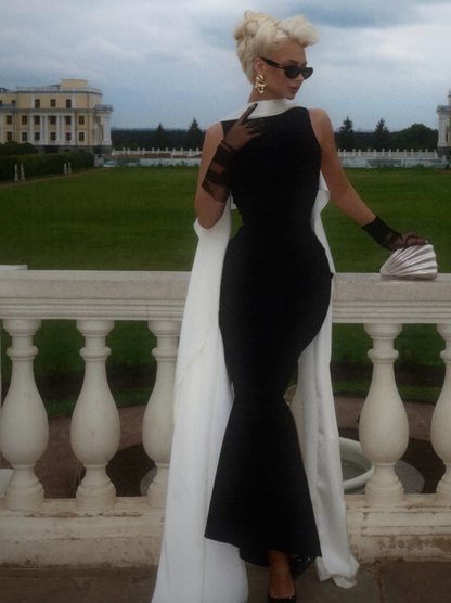 Classic Black White Mermaid Round Neck Satin Long Prom Dress Evening Dress Party Dress DP3257