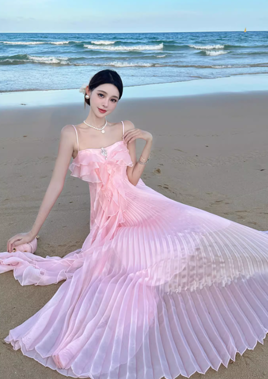 Pink A Line Spaghetti Strap Pleated Ruffle Chiffon Long Beach Vacation Dress Outfits DP3402
