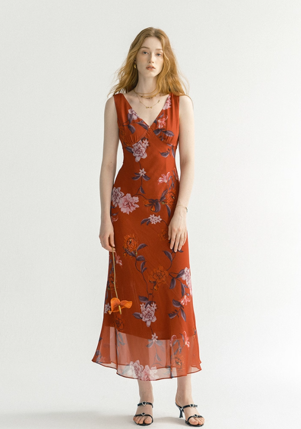 Vintage A Line V NecK Print Floral Red Chiffon Prom Dress Vacation Dress Outfits DP3654