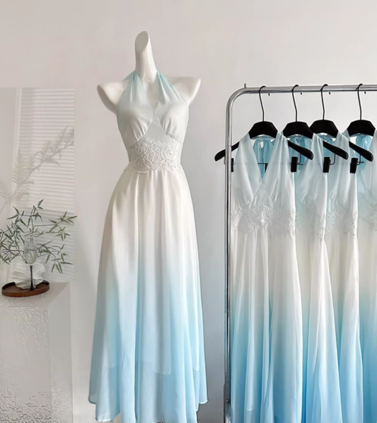 Blue Ombre A Line Halter Appliques Chiffon Vacation Dress Prom Dress Outfits DP3552