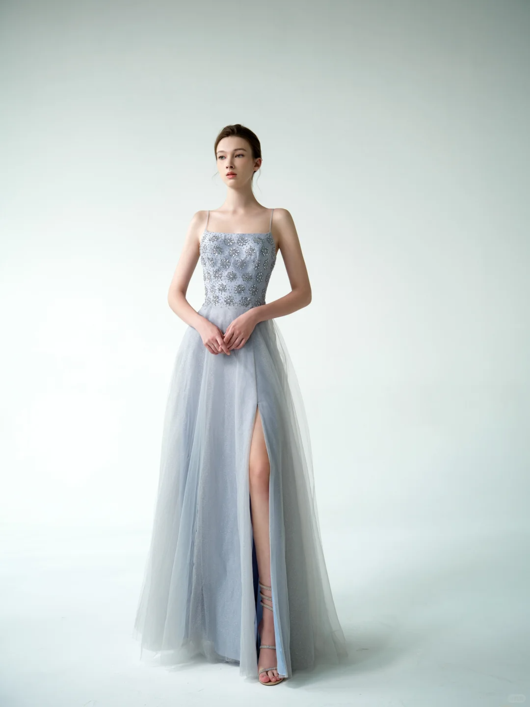 Blue A Line Spaghetti Strap Exquisite Beaded Tulle Prom Dress Evening Dress DP3738