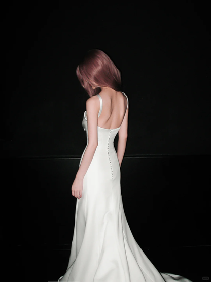 Glossy Mermaid Strap White Satin Long Sweep Wedding Dress DP5203