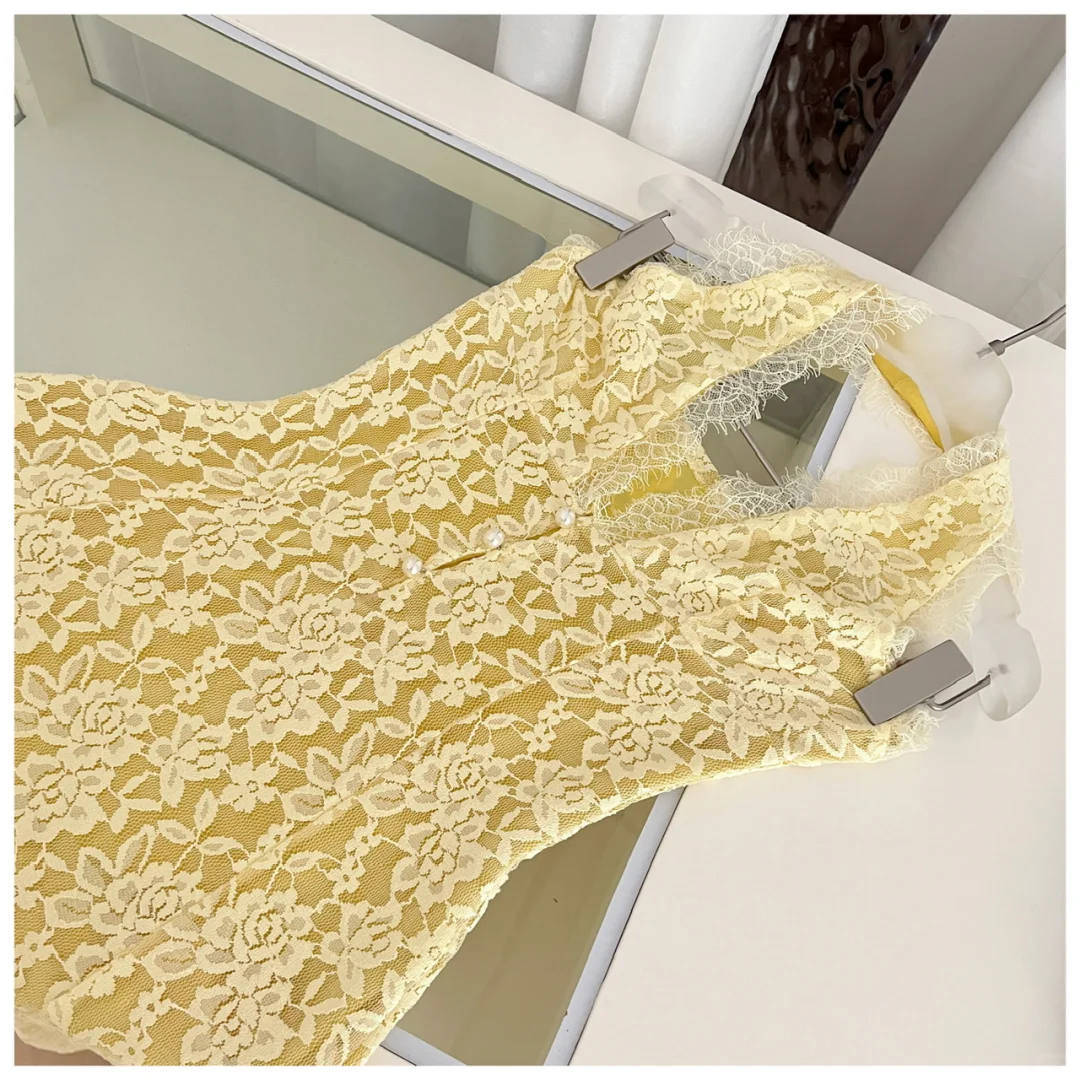Yellow A Line Halter Lace Long Open Back Prom Dress Evening Dress DP2570