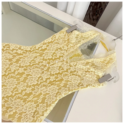 Yellow A Line Halter Lace Long Open Back Prom Dress Evening Dress DP2570