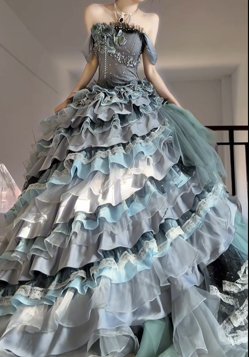 Grey Ball Gown Off the Shoulder Exquisite Beaded Layered Satin Prom Dress Graduation Ball Gown DP4580