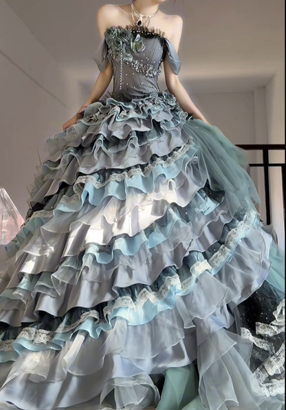 Grey Ball Gown Off the Shoulder Exquisite Beaded Layered Satin Prom Dress Graduation Ball Gown DP4580