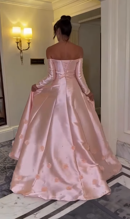 Pink A Line Long Sleeve Floral Satin Long Prom Dress Evening Dress DP4331