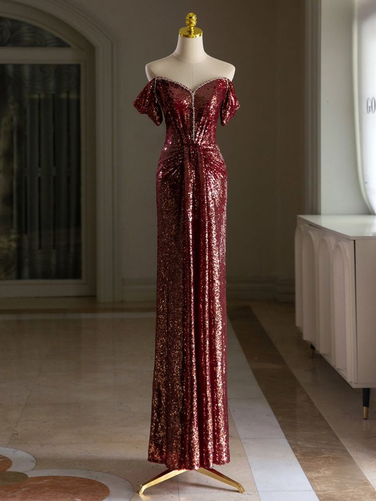 Off Shoulder Sequin Burgundy Long Prom Dress Evening Dress DP100