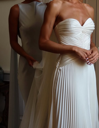 Unique A Line Sweetheart Neck Pleated White Satin Wedding Dresses DP4346