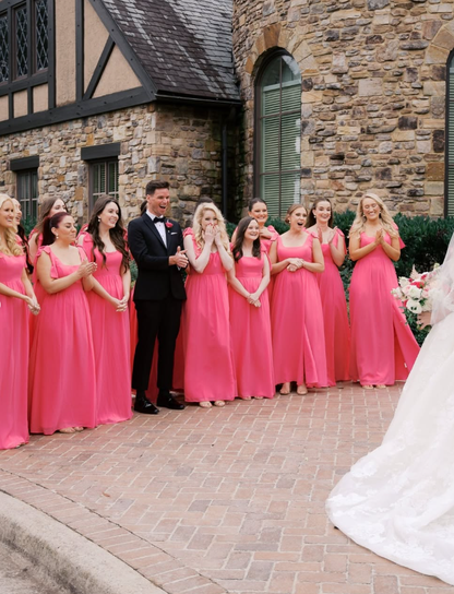 Stunning Pink Bow A Line Straps Chiffon Long Bridesmaid Dress DP4976