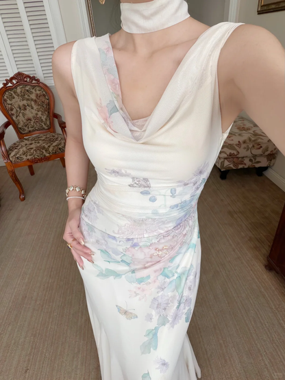 Gentle Mermaid Print Flower Ivory Chiffon Long Prom Dress Evening Dress DP6789
