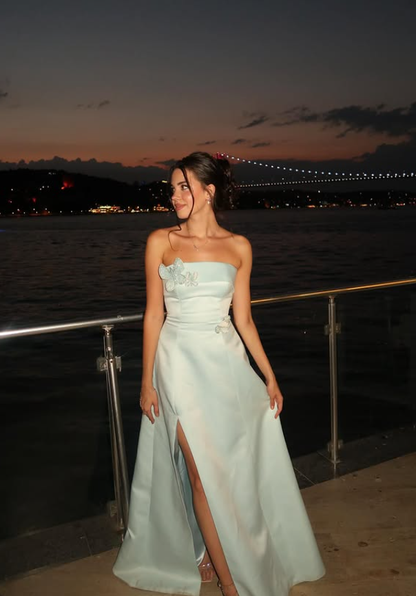Elegant A Line Strapless Blue Satin Prom Dress Evening Dress with Slit DP5912