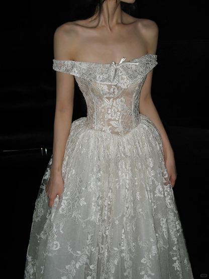 Princess Ball Gown Off the Shouler White Lace Long Wedding Dress DP4419