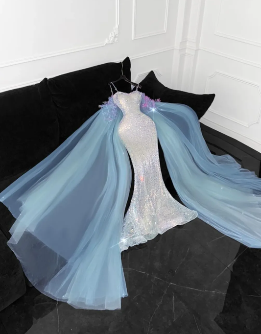 Exquisite Mermaid SIlver Sequin Blue Tulle Prom Dress Evening Dress Date Dress DP3096