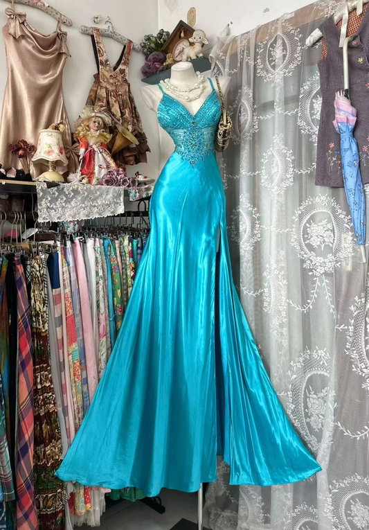 Vintage Bright Blue Mermaid Straps Exquisite Beaded Satin Prom Dress Evening Dress DP5243