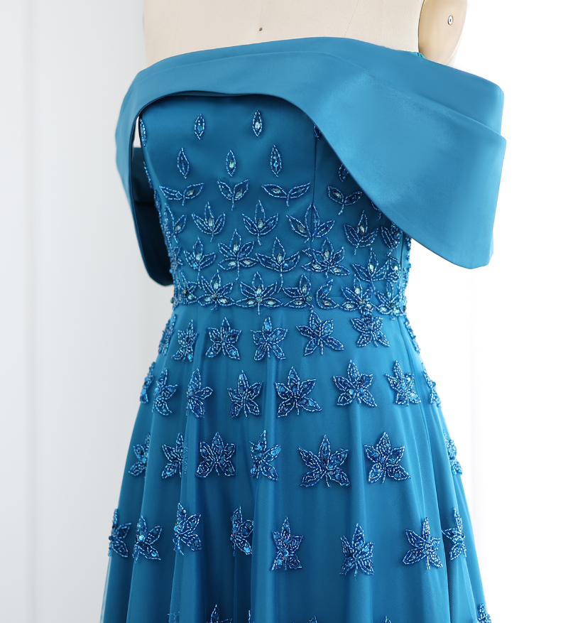 Elegant A Line Off the Shoulder Beaded Blue Satin Prom Dress Evening Dress DP1905