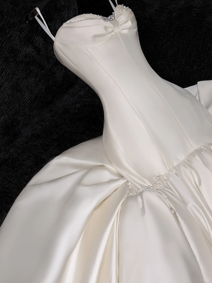 Elegant Mermaid Sweetheart Neck Pearl White Satin Long Sweep Wedding Dress DP2561