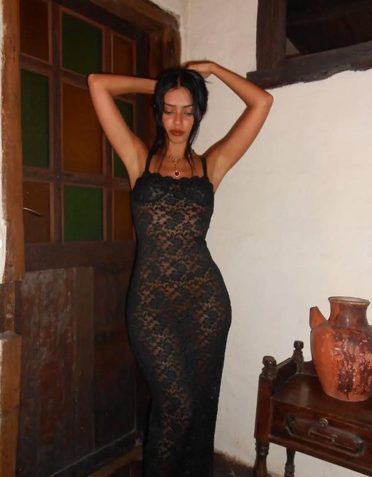 Sexy Sheath Spaghetti Straps Black Lace Long Prom Dress Evening Dress DP1451