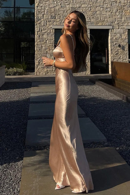 Hot Sheath Spaghetti Straps Champagne Long Party Dress with Open Back DP7455