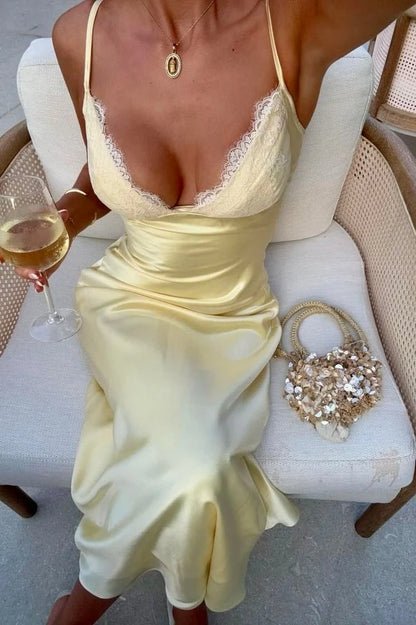 Fashionable Sheath Spaghetti Straps Yellow Long Party Dress with Lace DP7252