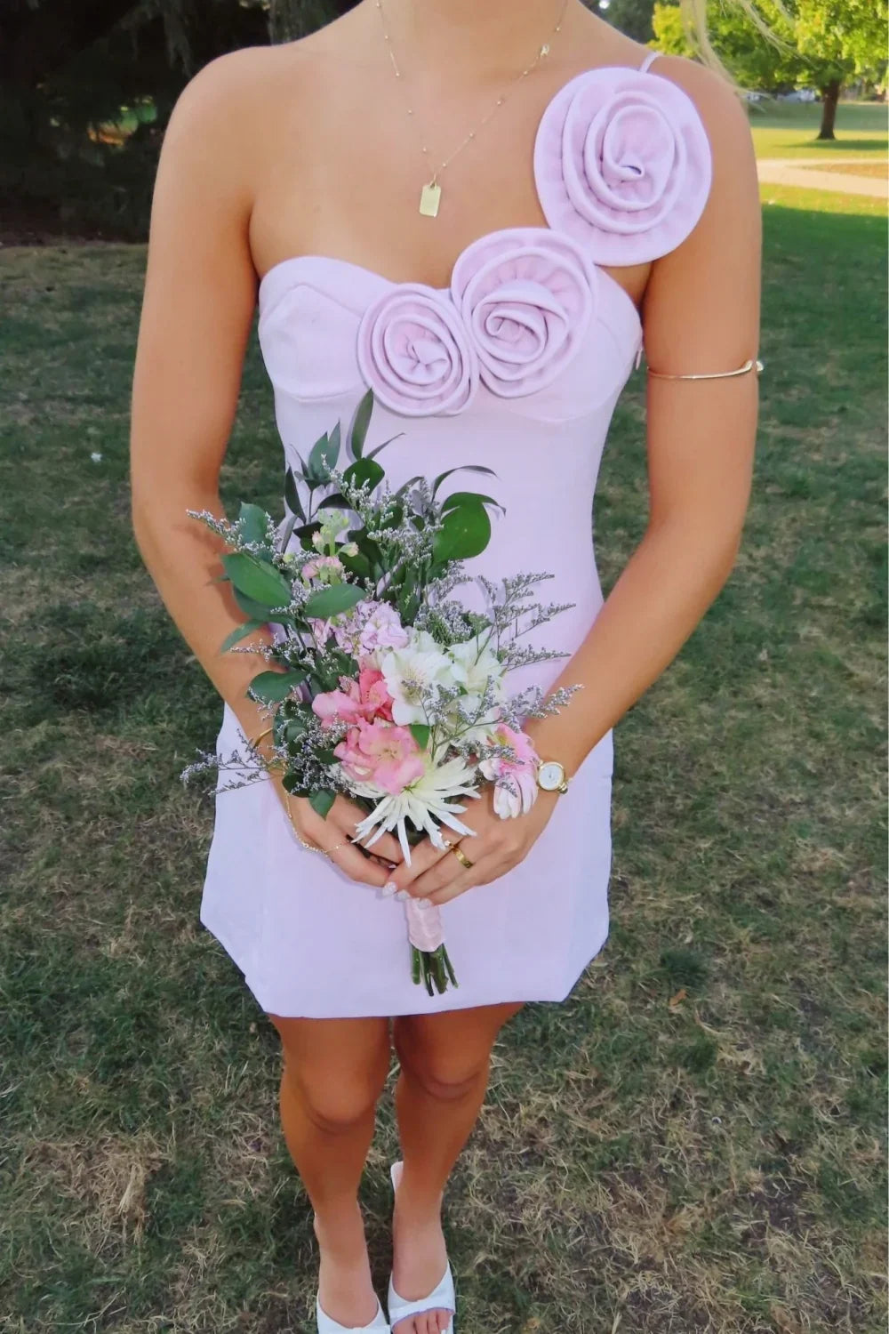 Fashionable Sheath One Shoulder Lilac Short Homecoming Dress with 3D Flowers DP7074