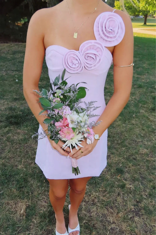 Fashionable Sheath One Shoulder Lilac Short Homecoming Dress with 3D Flowers DP7074