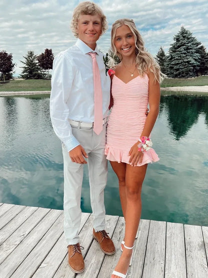 Flattering Bodycon Spaghetti Straps Pink Short Homecoming Dress with Ruched DP7357