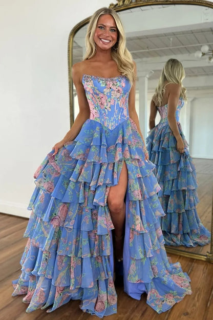 Gorgeous A Line Strapless Blue Printed Corset Prom Dress with Beading Ruffles DP7592
